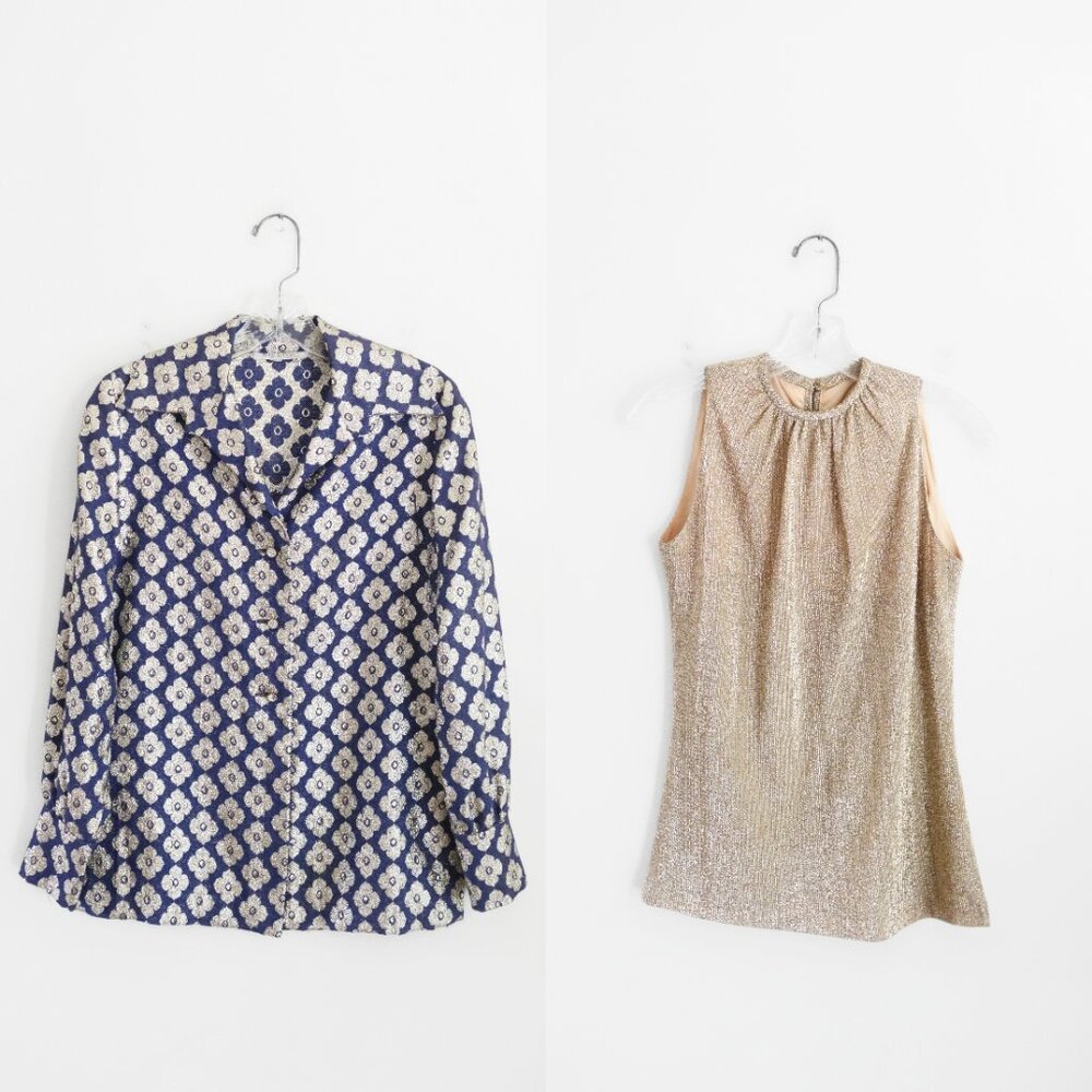 Vtg 70s Nelly de Grab New York Blue Gold Shirt Shacket + Sleeveless Top Set sz 8